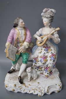 A 19th century Samson of Paris porcelain figure group of a lady playing a mandolin to her teacher 22cm